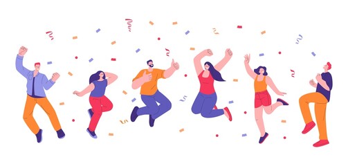 Happy adults celebrating. Jump people and falling confetti. Fun jumping young person, isolated celebration of people group. Hooray kicky vector characters