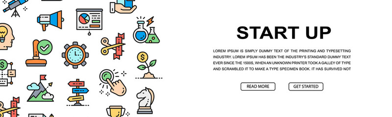 Start up horizontal icon banner design. Time management, idea generation, presentation promotion illustration for web page, header presentation.