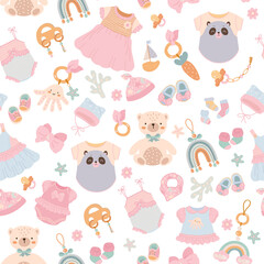 Baby toys seamless pattern. Cute kids fun toy, cartoon flat newborn fabric print design. Clothes and doll, kid accessories nowaday vector background