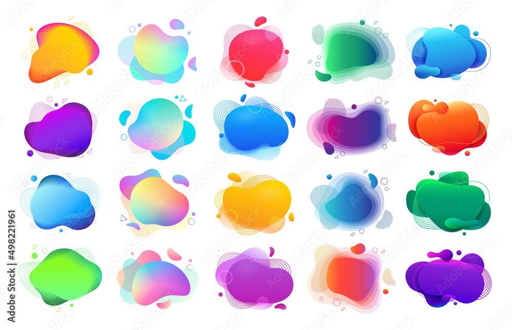 Aufkleber Liquid shapes and forms, blobs with gradient color. Vector flat cartoon, isolated set of stain spot design, typography or banner with copy space. Abstract artistic design, flyer or logotype