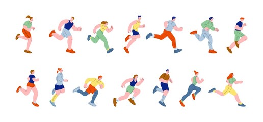 Runner characters. Teen moving, running cartoon athletes. Activities and rush, young flat sportsman run. Jogging man woman in sportswear kicky vector set