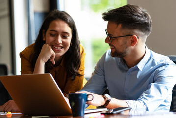 Colleagues in office. Businesswoman and businessman discussing work in office..