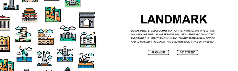 Fototapeta premium Travel Landmark horizontal icon banner design. Egypt, Italy, United Kingdom, France, India promotion illustration for web page, header presentation.