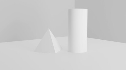 White geometric shapes on white studio floor, 3d render
