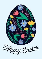 Beautiful card with a floral pattern. Easter greeting card with egg and flowers.