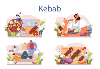 Kebab street food concept set. Chef cooking delicious roll with meat