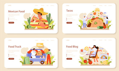 Tacos web banner or landing page set. Traditional mexican fast-food