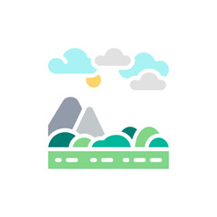 Vector hills, mountain landscape white line icon. Symbol and sign illustration design.