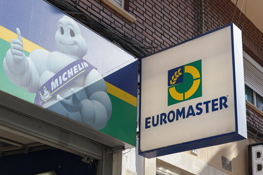 VALENCIA, SPAIN - APRIL 07, 2022: Euromaster is a French multinational belonging to Michelin Group, specialist in tire services and car maintenance