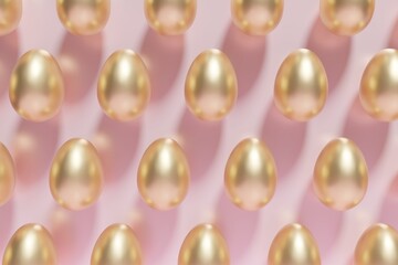 3d render of a pattern of golden Easter eggs on a pink background