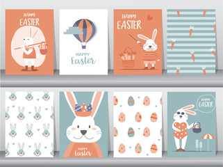 Set of Easter greeting cards,template,rabbits,bunny,cute,eggs,Vector illustrations.
