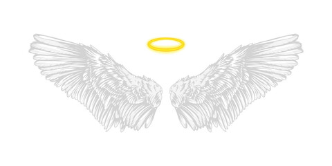Realistic religious angel wings. White isolated pair of falcon wings, sketch bird wings design template. Vector concept white cute feathered wing animal on white background.