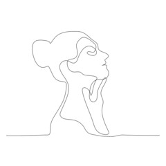 The portrait of a beautiful woman is drawn in one line art style. Printable art. Beauty woman with hands.