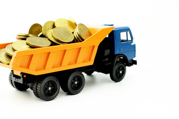Truck transports metal coins, isolate on white. The concept of services for the transport of money.
