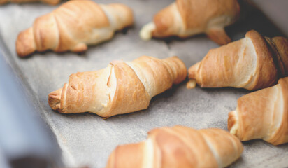 Oven-baked croissants on baking sheet. Sweet bagels baked in hot oven. The process of making curd bagels or French croissants.