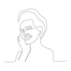 The portrait of a beautiful woman is drawn in one line art style. Printable art. Beauty woman with hands.