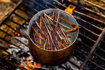 Survival in wild nature. Campfire background. Pan with cherry tea sticks over fire. Cooking tea...