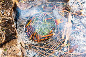 Survival in wild nature. Campfire background. Pan with cherry tea sticks over fire. Cooking tea drink at fire in wild.