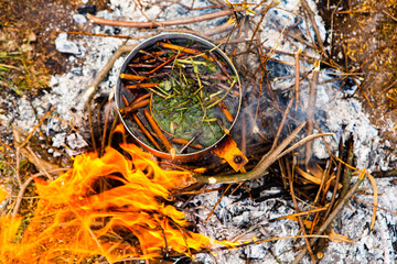 Survival in wild nature. Campfire background. Pan with cherry tea sticks over fire. Cooking tea drink at fire in wild.