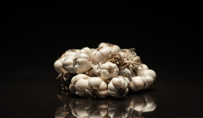 Fragrant Garlic wreath lies on dark background. Agriculture and farming