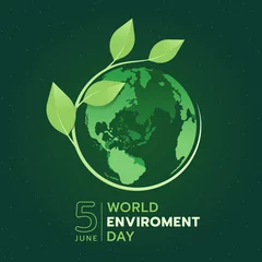 Poster world environment day - green branch and leaves roll around circle globe on dark green background vector design © ananaline