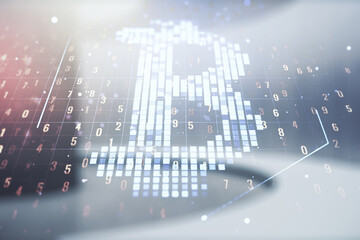 Virtual Bitcoin sketch on modern interior background. Double exposure