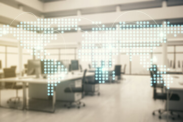 Double exposure of abstract digital world map hologram with connections on a modern furnished office interior background, big data and blockchain concept