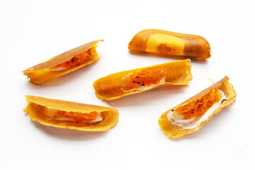 Thai crispy pancakes on white background.