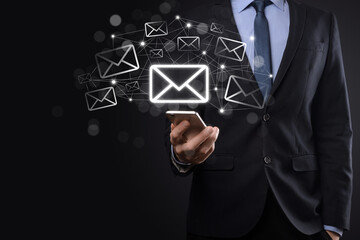 Email marketing and newsletter concept.Contact us by newsletter email and protect your personal information from spam mail concept.Scheme of direct sales in business. List of clients for mailing.