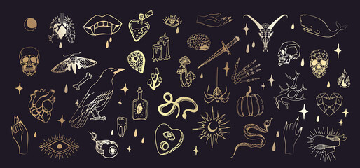 Naklejka premium Set of boho hand drawn mystical magic set. Esoteric doodle elements and logo icons with hands, raven dagger. Black outline style. Abstract vector illustration