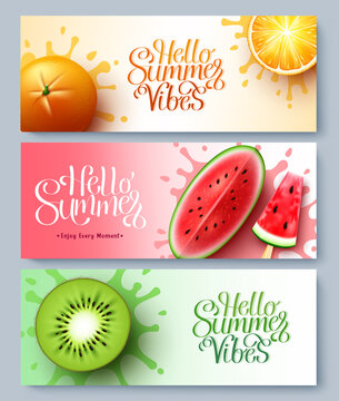 Summer greeting  vector set design. Hello summer typography text with fruits in colorful splash abstract for tropical season messages decoration. Vector illustration.