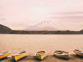 フィルム風、精進湖からうっすらと見える富士山
