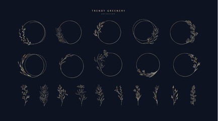 Floral branch and minimalist flowers for logo or tattoo. Hand drawn line wedding herb, elegant leaves for invitation save the date card. Botanical rustic trendy greenery