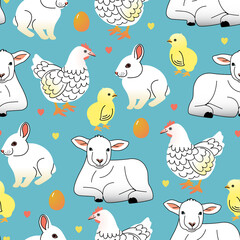 Easter vector seamless pattern with chickens, hens, rabbits and sheep