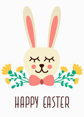 Happy Easter. A greeting card with a cute bunny and flowers. Floral card. 