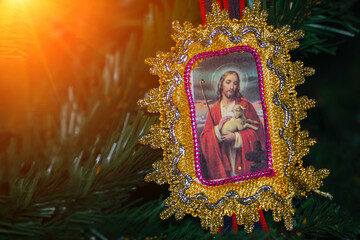 Icon of Jesus Christ in fir branches