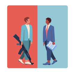 Negotiation concept. Opposite opinions, directions, interests and points