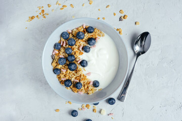 Yogurt with muesli and berries on a gray background.