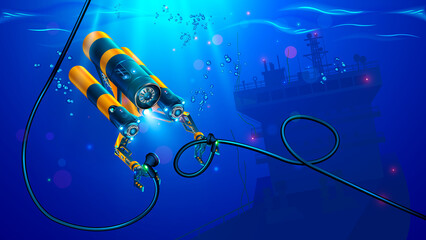 Autonomous underwater rov or drone with manipulators or robotic arms. Modern remotely operated underwater vehicle. Subsea robot for deep underwater exploration sea bottom in place shipwreck of ship.