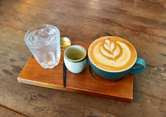 Latte coffee on wooden table, Coffee time
