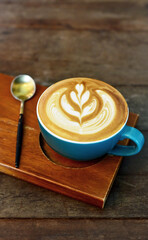 Latte coffee on wooden table, Coffee time