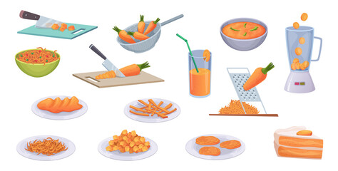 Carrot food. Preparing food from healthy natural vegetables with vitamins carrot cake delicious exact vector cartoon set