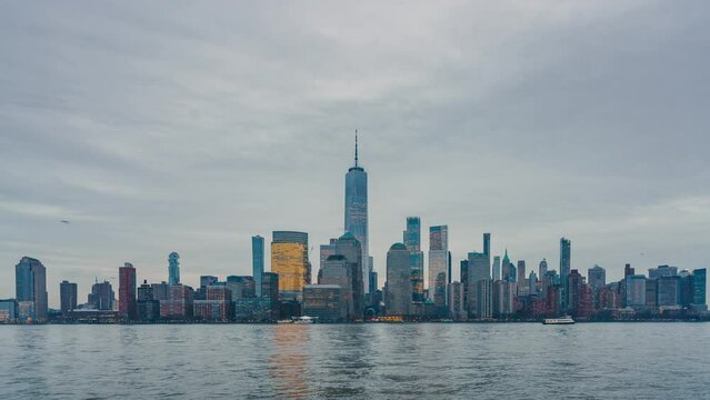 Downtown Manhattan Skyline At Dusk, New York City, Timelapse Of Day To Night Transition