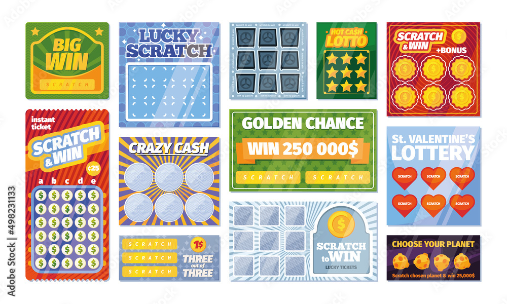 Wall mural lottery tickets collection. royal edition victory scratching numbered tickets for lottery with prize