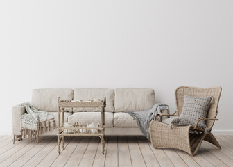 Empty white wall in modern living room. Mock up interior in scandinavian, boho style. Free, copy space for your picture, text, or another design. Sofa, rattan armchair, macrame. 3D rendering.