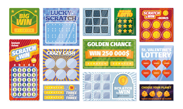 Lottery tickets collection. Royal edition victory scratching numbered tickets for lottery with prizes garish vector illustrations with place for text