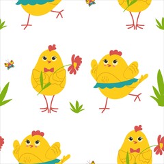 Cute yellow chicks in different poses seamless pattern, birds and flowers, butterflies. Vector illustration.