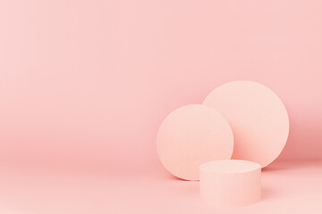 Modern simplicity pastel pink stage with single circle podium and decor of round shape mockup on soft light background, copy space. Template for advertising, presentation products or goods, design.