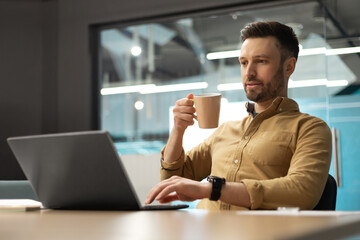Businessman Using Laptop And Drinking Coffee Working Sitting In Office