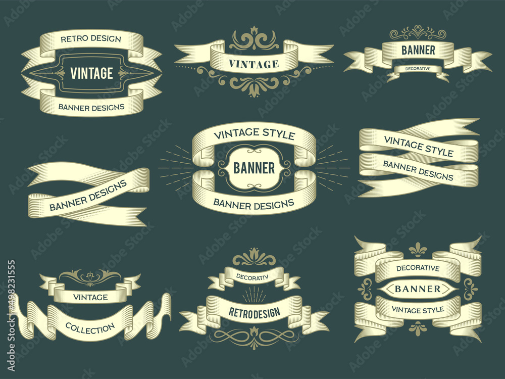 Wall mural retro badges. hand drawn ribbons with place for text vintage sketched swirls tapes recent vector ill